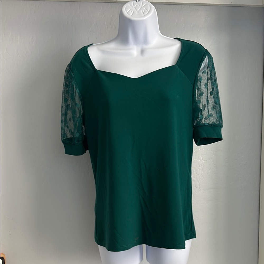 No. 015 Green Asymmetrical Blouse with Sheer Short Sleeves